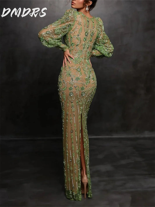 Luxury Emerald Green Beaded Evening Gown | Nude Illusion Deep V Neck Mermaid Dress | Long Sleeve Formal Dress for Women