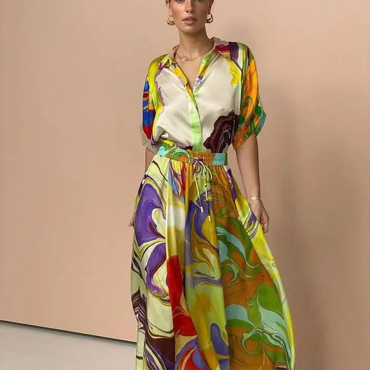 Effortlessly Silk Made Printed Dress/Colored Women Dress/Loose Fit Short Sleeves Shirt Top/Turn Down Collar skirt/2 Piece Sets Set/Tatting Craft.