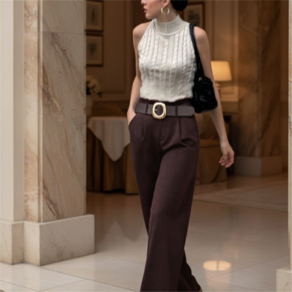 Fashion Retro Brown Pleated Pant’s/High-Waist Slimming Wide-Leg Pants with Gold Circle Belt.