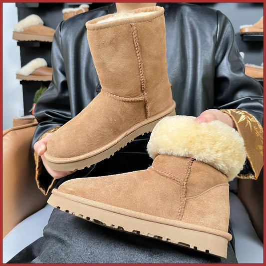 Women's Fur Integrated Snow Boots High-Quality Sheepskin and Wool Chestnut Color Simple and Versatile Black Gray Warm, Durable