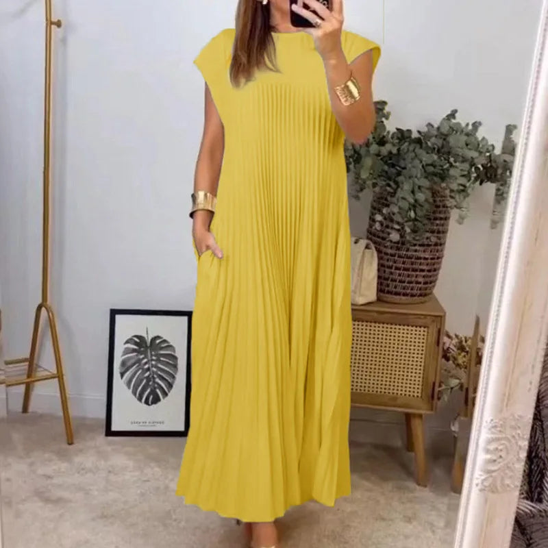 Solid Vintage Loose Pullover/High Waist Dress/Large Hem Long Dress/Fashionable Round Neck Sleeveless Pleated  Mid Calf Women's Dress Femme.