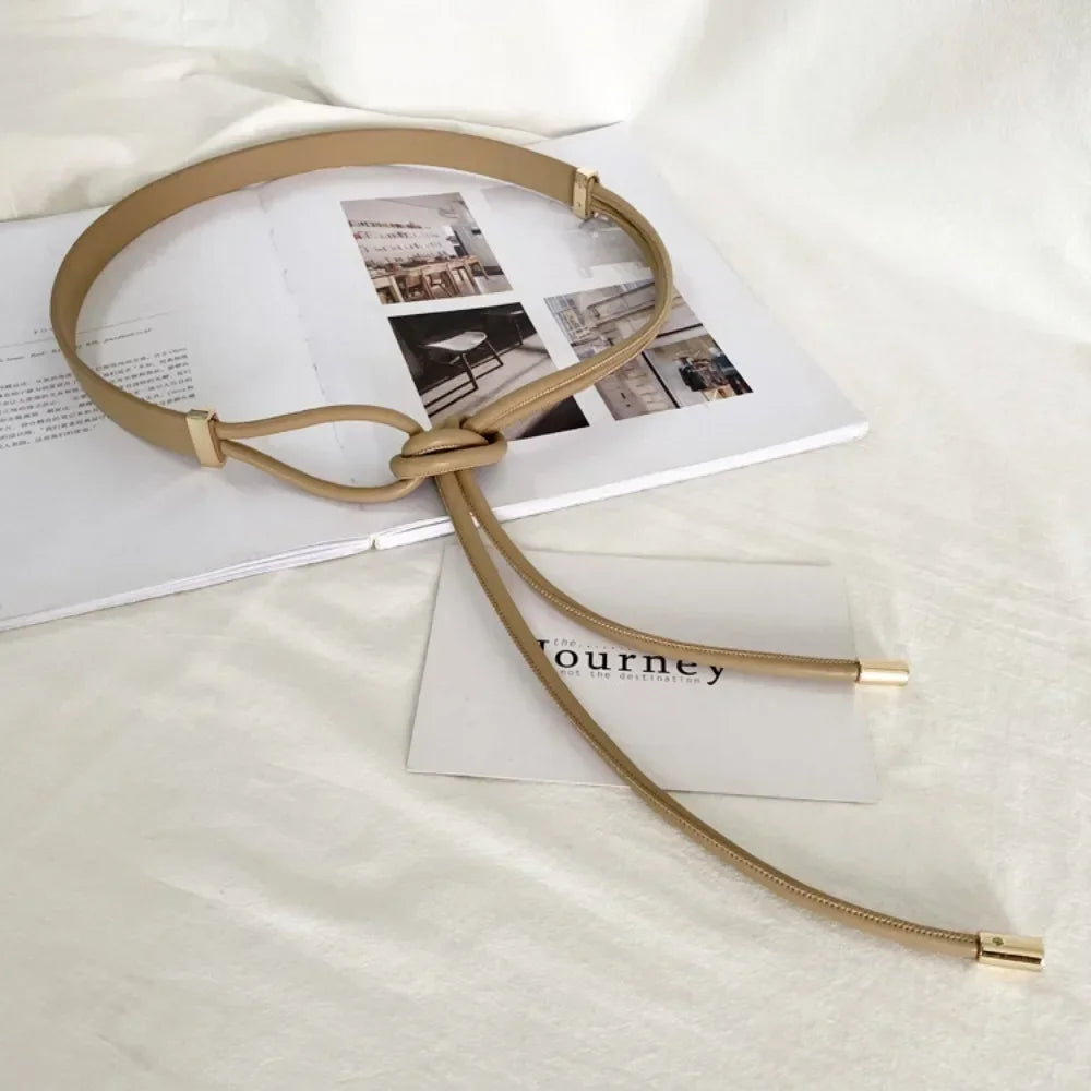 Fashion Non-hole Knot Style Belts PU Leather Solid Color Thin Belt Lace-up Waist Strap Jeans Dress