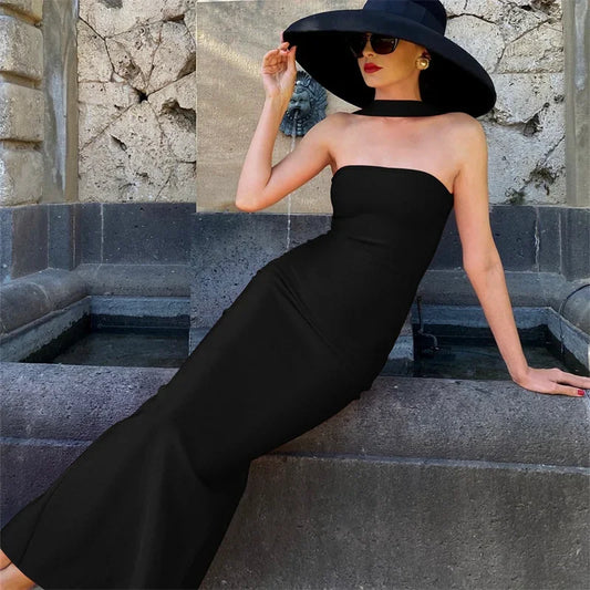 Elegant Halter Neck Bodycon Maxi Dress for Women – Strapless Backless Sleeveless Evening Party Dress | Modern Blend Boutique