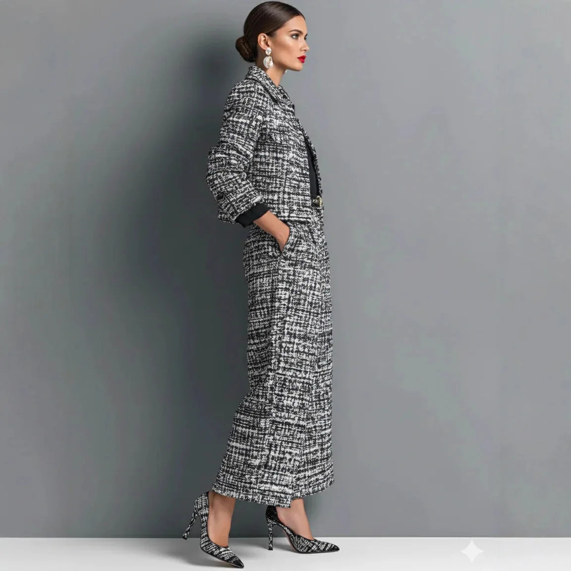 Luxury Tweed Two-Piece Set for Women – Elegant Printed Button Jacket & Wide Leg Pants Set | Modern Blend Boutique
