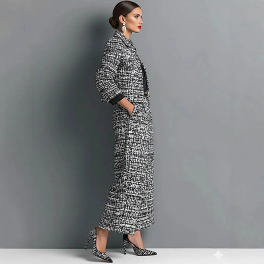 Luxury Tweed Two-Piece Set for Women – Elegant Printed Button Jacket & Wide Leg Pants Set | Modern Blend Boutique