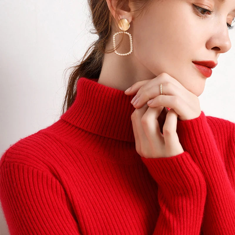 Pullover High Neck~Knitted Ribbed Turtleneck/Soft Pullovers Cashmere Jumpers. Stretch in size.