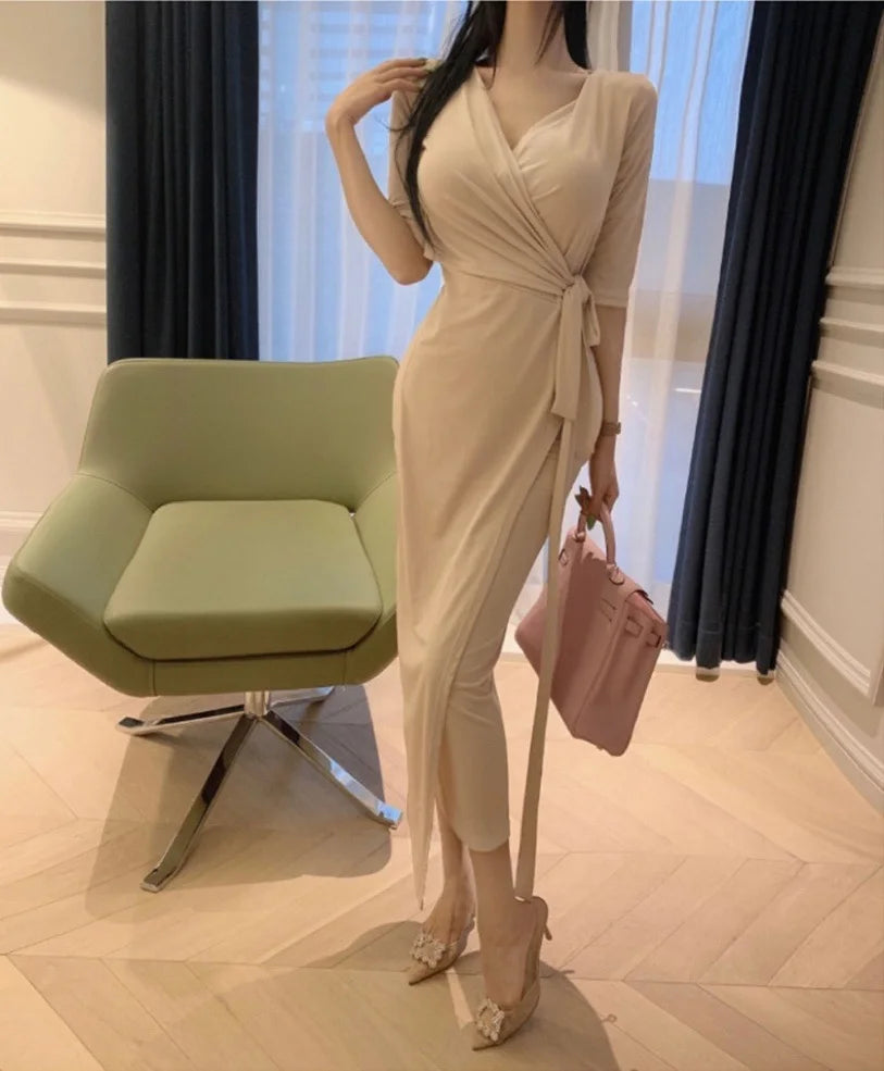 Slimming V-Neck Belted Maxi Dress.