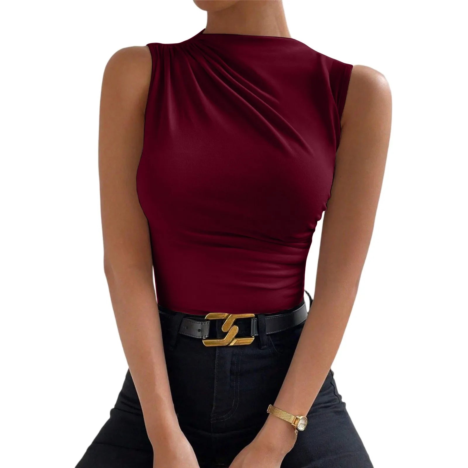 Solid Color Commuted Sleeveless Tight Top’s/Women Fashion Casual Mock  High Neck Ruched Top’s.