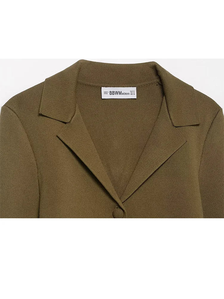 Women’s Olive Green Knit Blazer & Midi Skirt Set | Elegant Two-Piece Business Casual Suit | Fall Winter Fashion