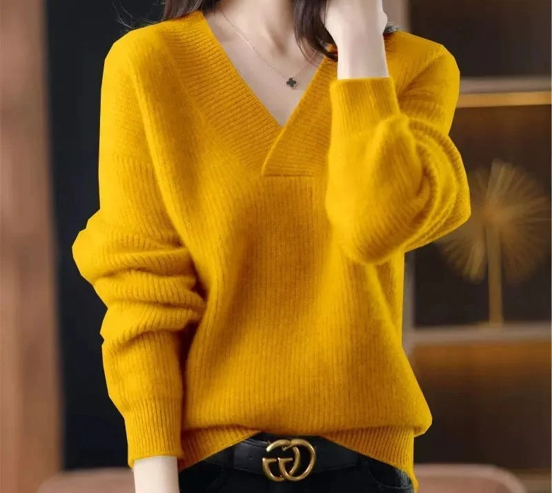 Stylish Cashmere Sweater/Women's 100% Wool Sweater/Fashion V-neck Knitted Pullover/Winter and Autumn Loose Solid Soft Sweater