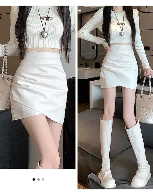 High-Waist Faux Leather Bodycon Mini Skirt – Ruched Slim Fit PU Leather Wrap Skirt for Women