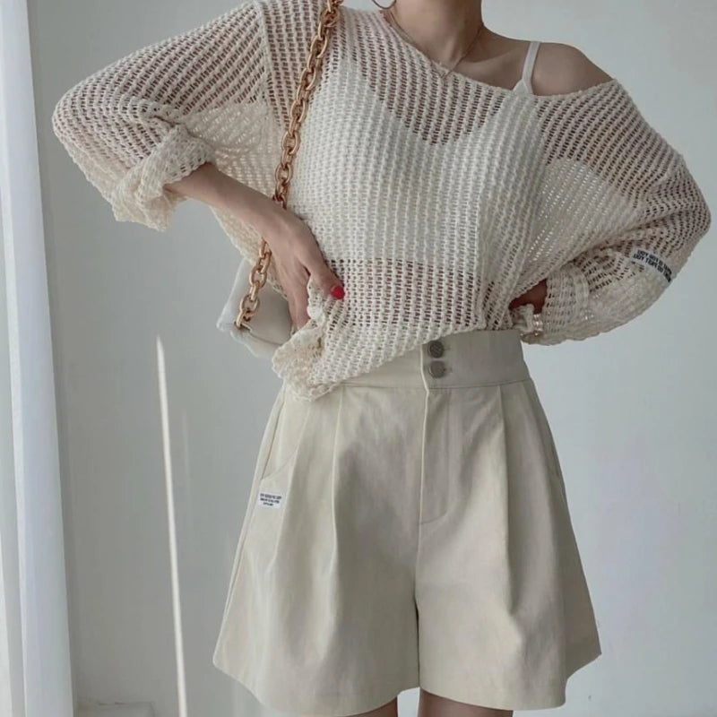 Hollow Out Pullovers Women Baggy O-neck Clothing/Casual Simple Stylish Vintage See-through Streetwear.