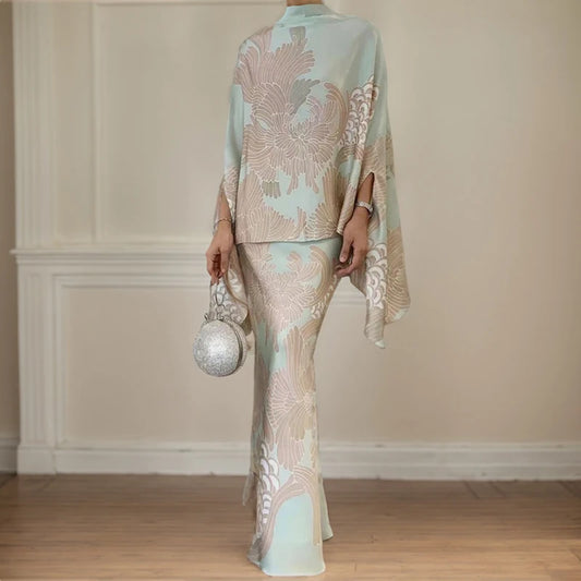 Modern Designed Floral Print Dress/Fashion Silk Beaded Loose Pencil/Maxi Skirt Suit Two Piece Set Simple Party Gown Dresses Set’s.