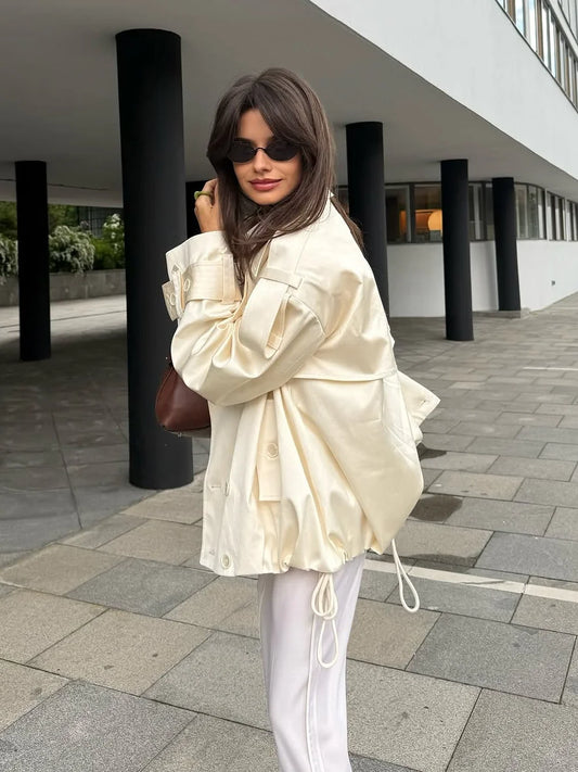 Fashion Cropped Trench Coat Women Elegant Solid Lapel Lace Up Double-breasted Windbreaker Jacket Autumn Lady Chic Street Outwear