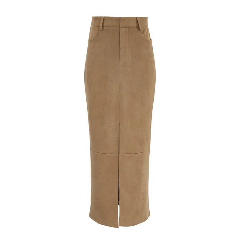 Retro Suede Skirt in Autumn Skirt’s/Women's High-grade Commuter Khaki Split Suit Skirt/Solid Slit A~Line Silhouette.