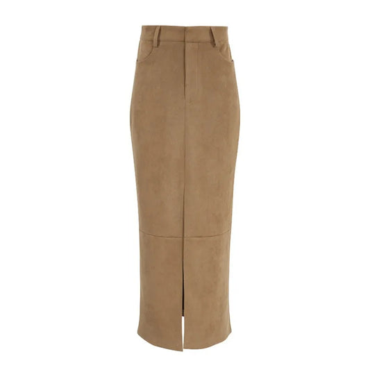 Retro Suede Skirt in Autumn Skirt’s/Women's High-grade Commuter Khaki Split Suit Skirt/Solid Slit A~Line Silhouette.