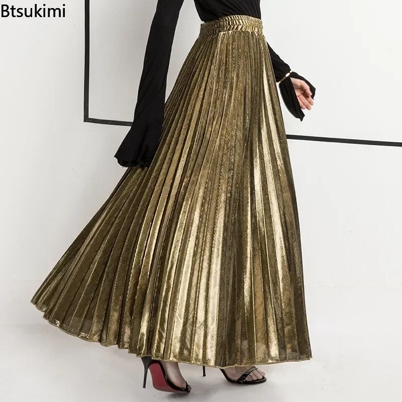 Bright Silk Metal Skirt/Color Pleated Maxi Skirt/Elastic High Rise Swing/Holiday Celebration Event.