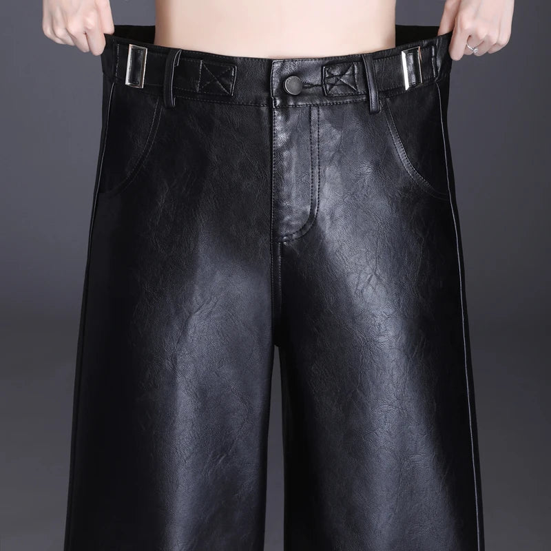 Modern Leather Leg PU Trousers/ Back Elastic Waist  Straight Elegant  Leather Trousers.