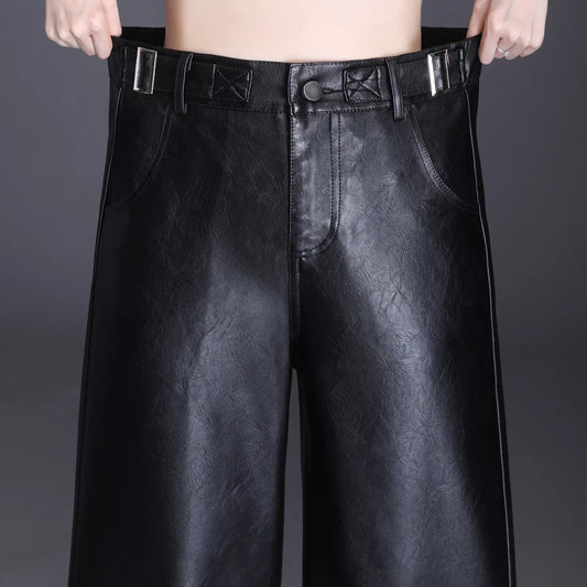 Modern Leather Leg PU Trousers/ Back Elastic Waist  Straight Elegant  Leather Trousers.