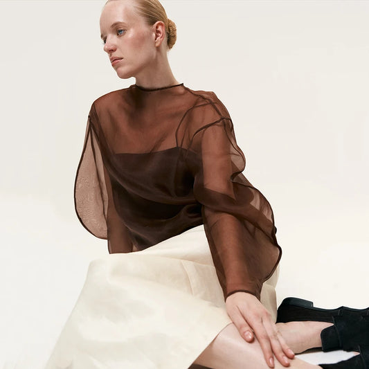 Sheer Organza Lantern Sleeve Blouse for Women – Elegant Mock Neck Long Sleeve Statement Top