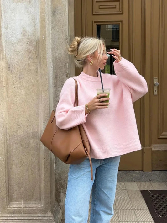 Solid Loose Sweater Fashion Elegant/O-neck Long Sleeve Knitted Pullover/Autumn Female Warm Thick Tops/Comfy Jumpers/