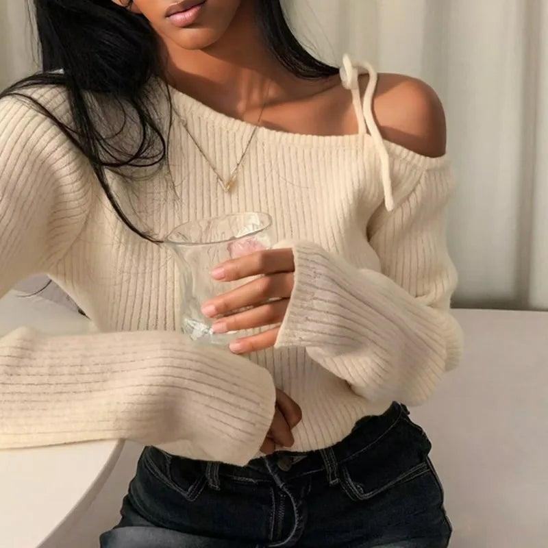 Solid Off Shoulder Pullover Women Sweater/Fashion Autumn Long Sleeved Knit Top/Lace-up Solid Casual Wear/One Size Stretched Fit.