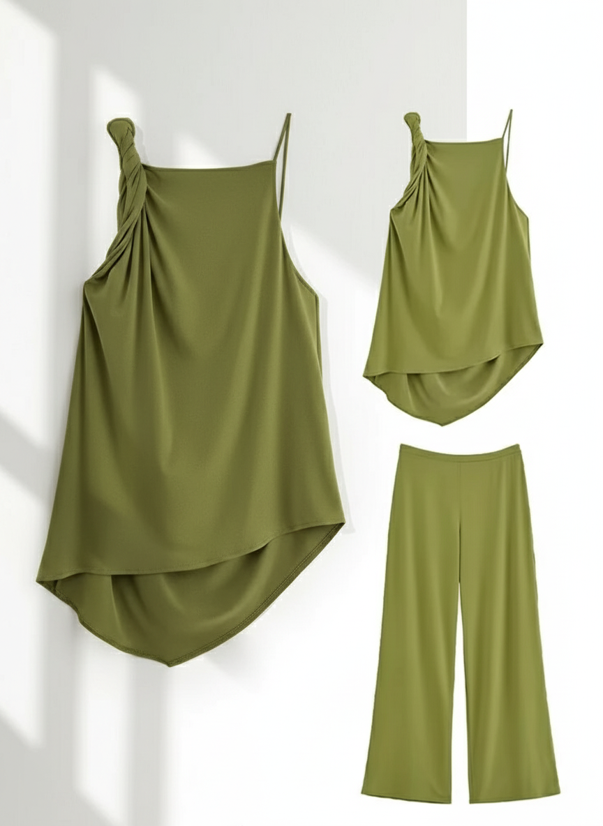 Modern Designed HH Blouse/Women Asymmetric Pleated Backless Top/Elastic Waist Setting/Wide-Leg Pant’s.