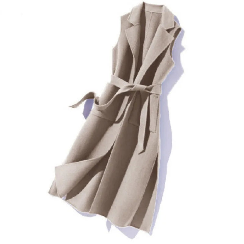 Waist Coat Notch Autumn Winter Jacket/Mid Long Sleeveless/Polo Collar Cotton Vest With Belt/Waist Elegant Casual Coat.