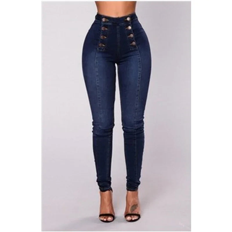 Luxury High-Waist Button Fly Skinny Jeans – Stretch Denim Body-Shaping Slim Fit Pants for Women (Blue & Black)