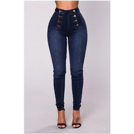 Luxury High-Waist Button Fly Skinny Jeans – Stretch Denim Body-Shaping Slim Fit Pants for Women (Blue & Black)