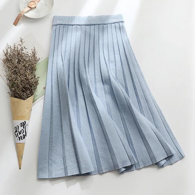 Fashioned Solid Color Knitted Skirt/Pleated A-Line Trend/All-match Elastic High Waist Skirt/Women's Clothing.