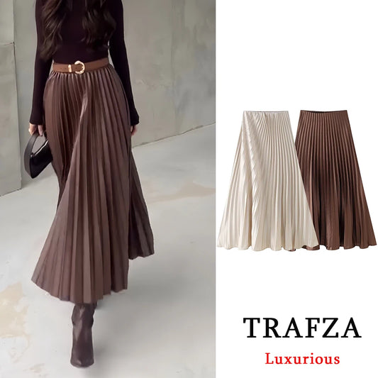 Autumn Skirt, Long Plaid Skirt/Tartan Midi Maxi Skirt/Vintage Swing Skirt/Line Flared Skirt/Fall Winter/TRAFZA Vintage Casual Pleated Long Skirts Women High Waist Pleated Long Satin Skirts Fashion.
