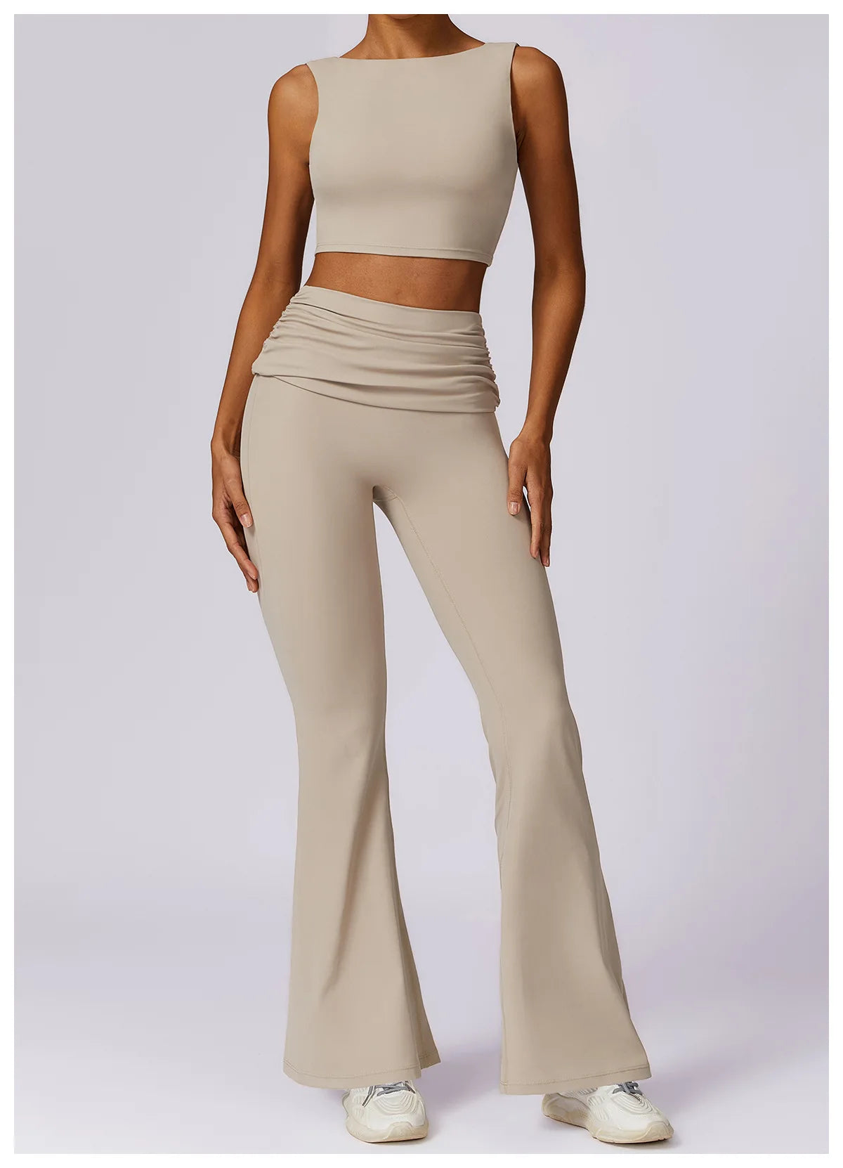 High-Waisted Flared Active Pants with Sculpting Fit – Neutral Beige