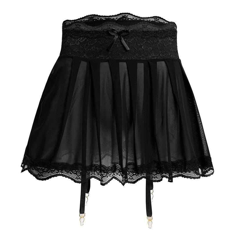 Sexy Transparent Lace Mini Skirt/Women's Bow Decoration Chiffon Micro Skirt Lace Edge Sexy Women's Sleeping Skirt.