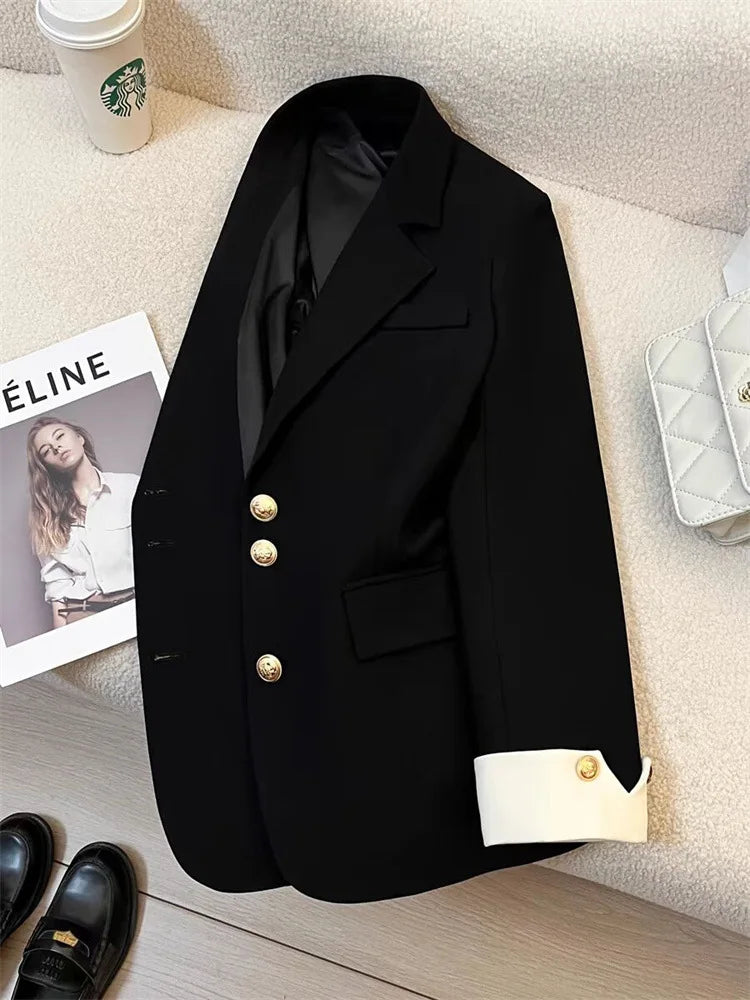 Single Breasted Notched Blazer/Buttoned V~Neck/Solid Long Sleeve Office Lady Blazers.