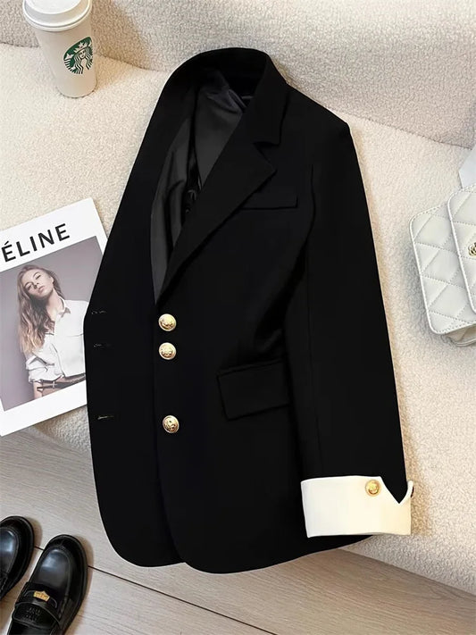 Single Breasted Notched Blazer/Buttoned V~Neck/Solid Long Sleeve Office Lady Blazers.