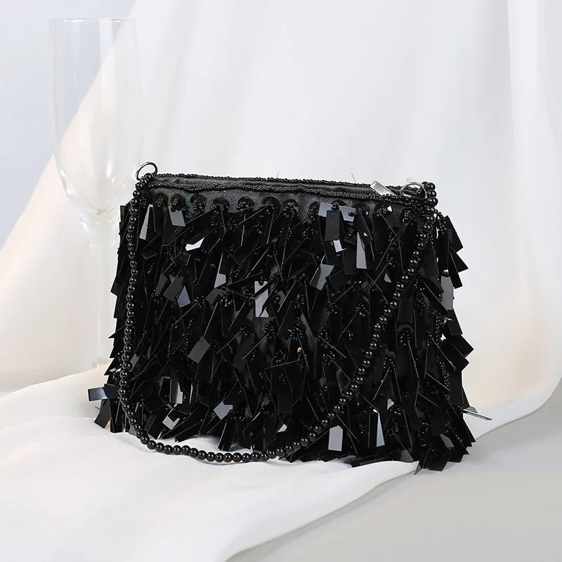 Vintage Silver Hand Bag/Beading Sequined Bag/Clutch Purse Versatile Handbags With Beaded Handle Chain Shoulder Bag.