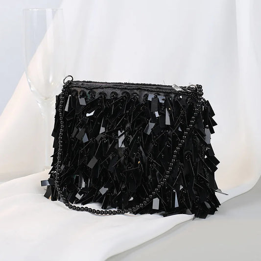 Vintage Silver Hand Bag/Beading Sequined Bag/Clutch Purse Versatile Handbags With Beaded Handle Chain Shoulder Bag.