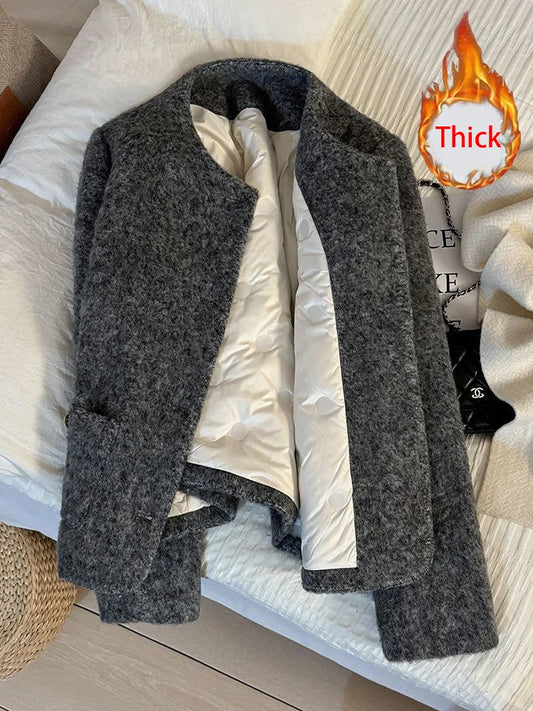 Women’s Thick Wool-Blend Jacket with Gold Buttons – Structured O-Neck Vintage Coat | Autumn Winter 2025