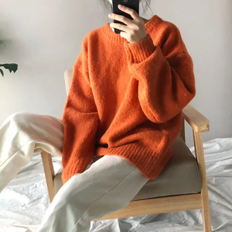 Solid Loose Sweater Fashion Elegant/O-neck Long Sleeve Knitted Pullover/Autumn Female Warm Thick Tops/Comfy Jumpers/