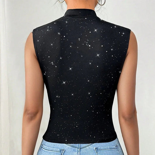 Fashioned Sequined Decor Blouse/New Mesh V~Neck/Folds Sleeveless Tank Top/Streetwear Tight Waist Slim Black Cropped Blouse.