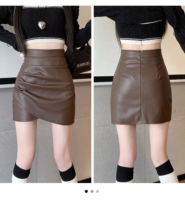 High-Waist Faux Leather Bodycon Mini Skirt – Ruched Slim Fit PU Leather Wrap Skirt for Women