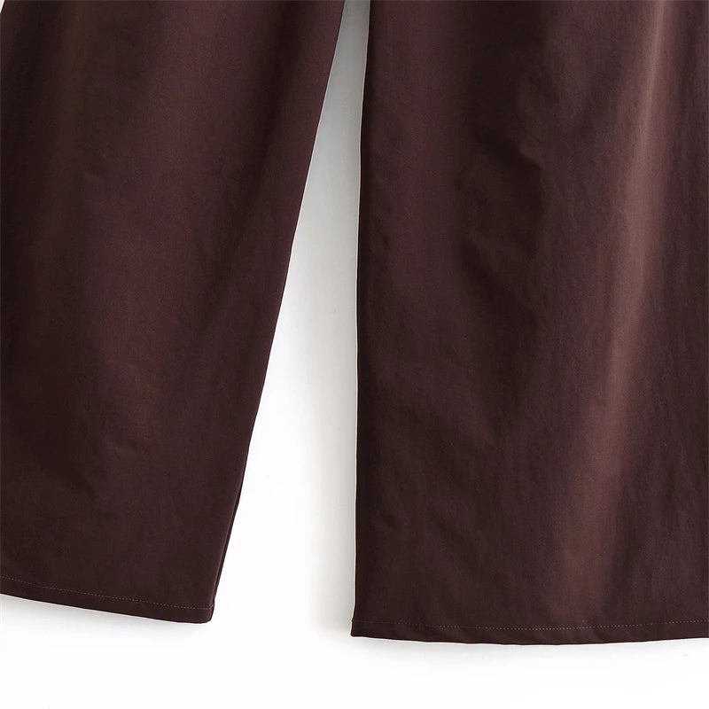 Fashion Retro Brown Pleated Pant’s/High-Waist Slimming Wide-Leg Pants with Gold Circle Belt.