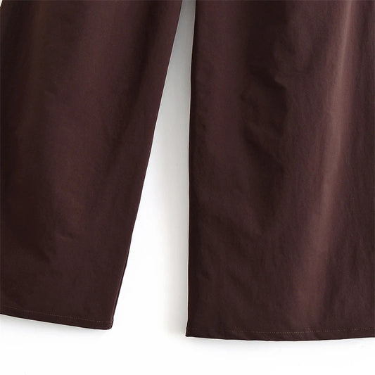 Fashion Retro Brown Pleated Pant’s/High-Waist Slimming Wide-Leg Pants with Gold Circle Belt.