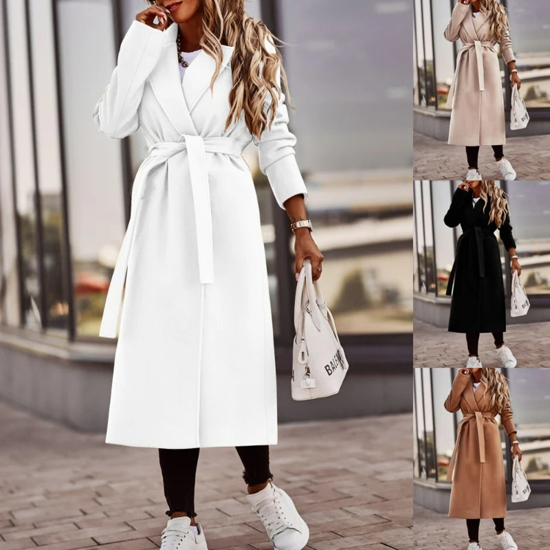 Elegant Turn Down Collar/Wool Long Coat Vintage Solid Outwear/Full Sleeve/Button Coats/Blends Belt/Pockets Autumn Winter season.