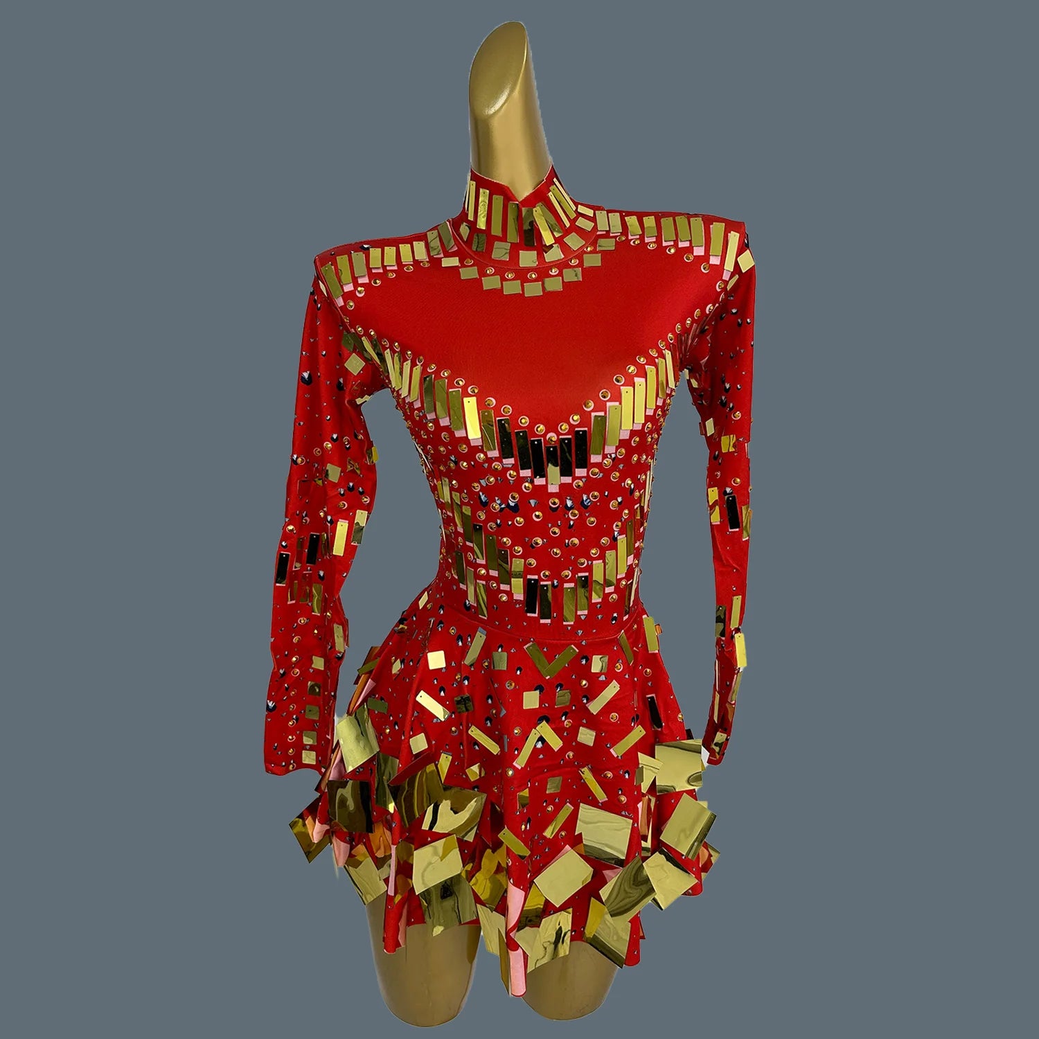 Dazzling Golden Rhinestone Mini Dress/Stage Sequined Maxi Dress/Concert Event Day/Crystal Mirror Silhouette A-LINE Dress.