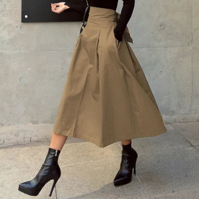 Fashion Patterned A~Line Skirt/Solid Color Swing Pleated Skirt/Long Wild High Waist Bow Slim Midi Skirts.