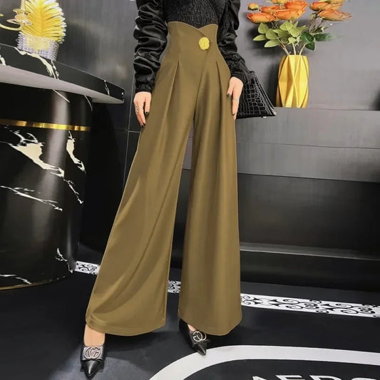 Elegant Office Lady Wide Leg Pants Design Flower Button High Waist Pantalones Baggy Spring Summer Straight Spodnie New