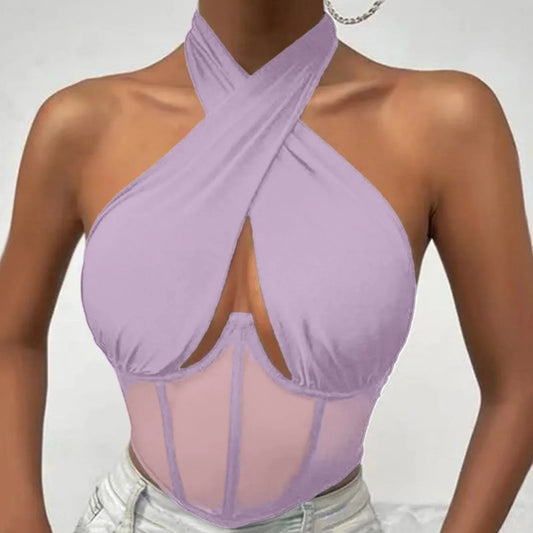 Elegant Halter Neck Mesh Corset Top for Women | Sheer Panel Wrap Neck Crop Top | Clubwear & Night Out Fashion