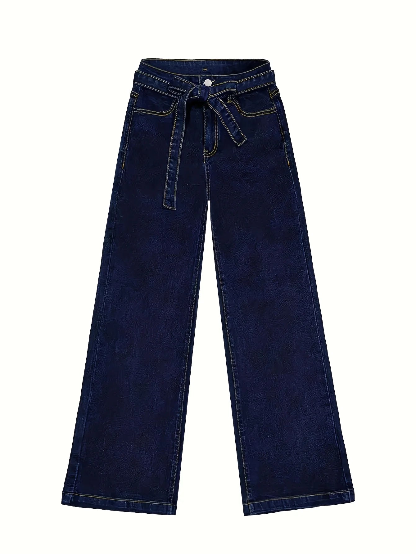 High-Waist Wide-Leg Denim Trousers with Tie Belt – Dark Wash Elegant Jeans